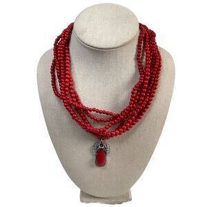 Novadab Red Multi-Strand Beaded Silver Tone Teardrop Pendant Necklace A4-16